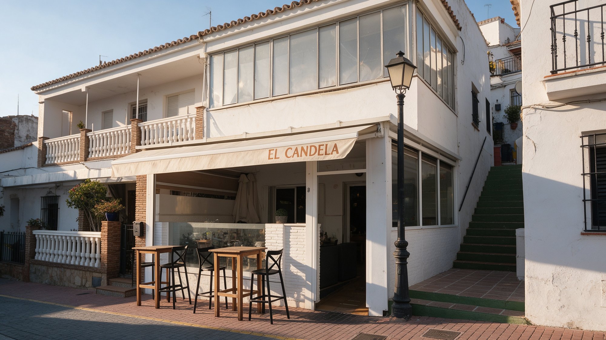 Terraza de tasca en esquina al atardecer con farol de calle, mesas altas de madera y fachadas encaladas del pueblo