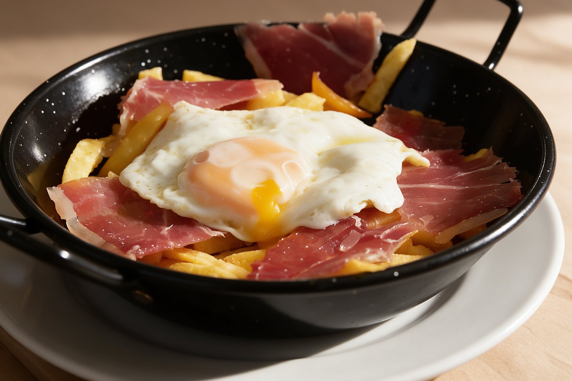 Huevos rotos con jamón en sartén de hierro esmaltada: patatas fritas, láminas de jamón serrano y huevo frito con la yema fluida
