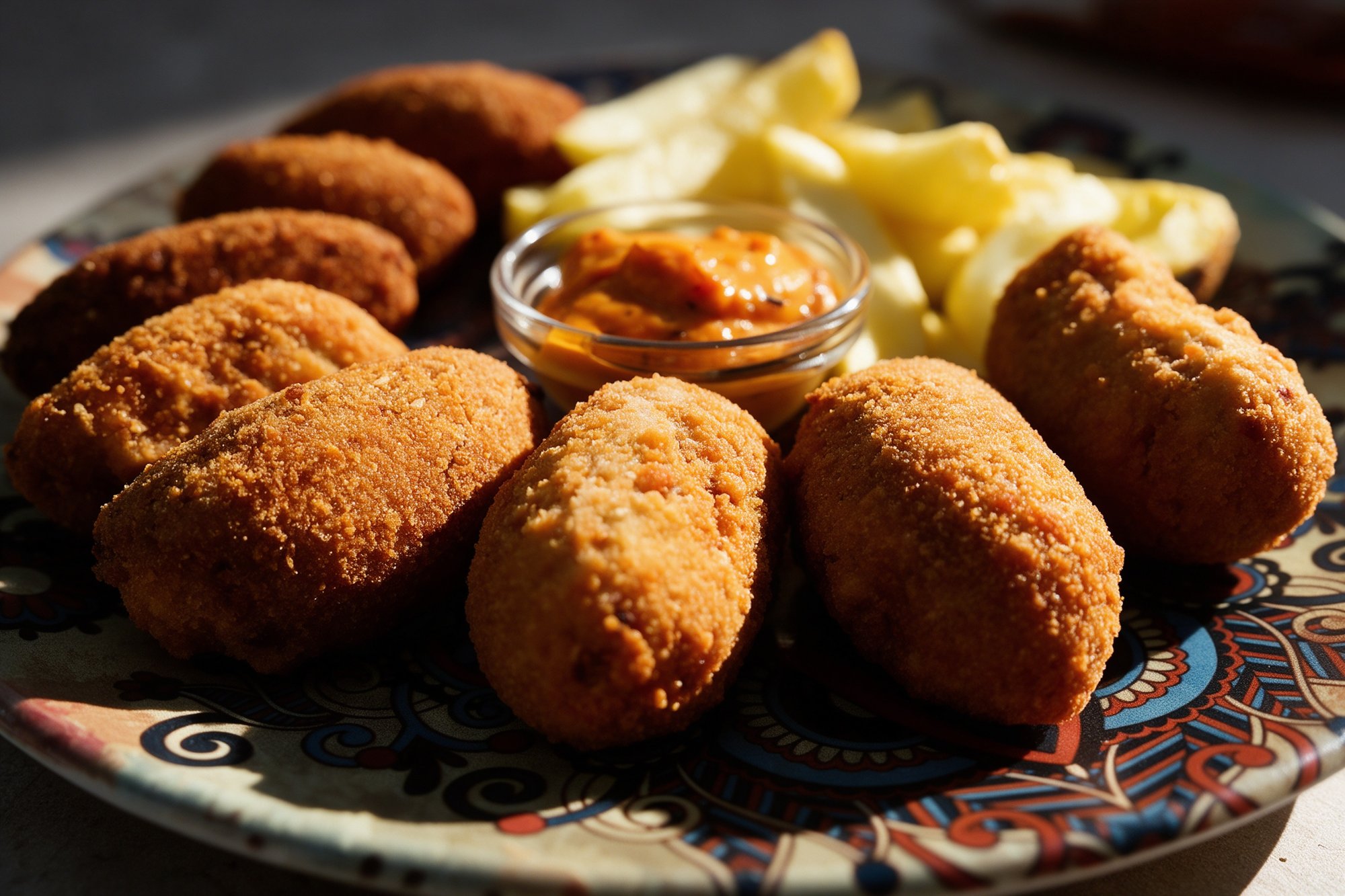 Croquetas caseras doradas y crujientes en plato de cerámica decorada, con salsa brava y patatas fritas