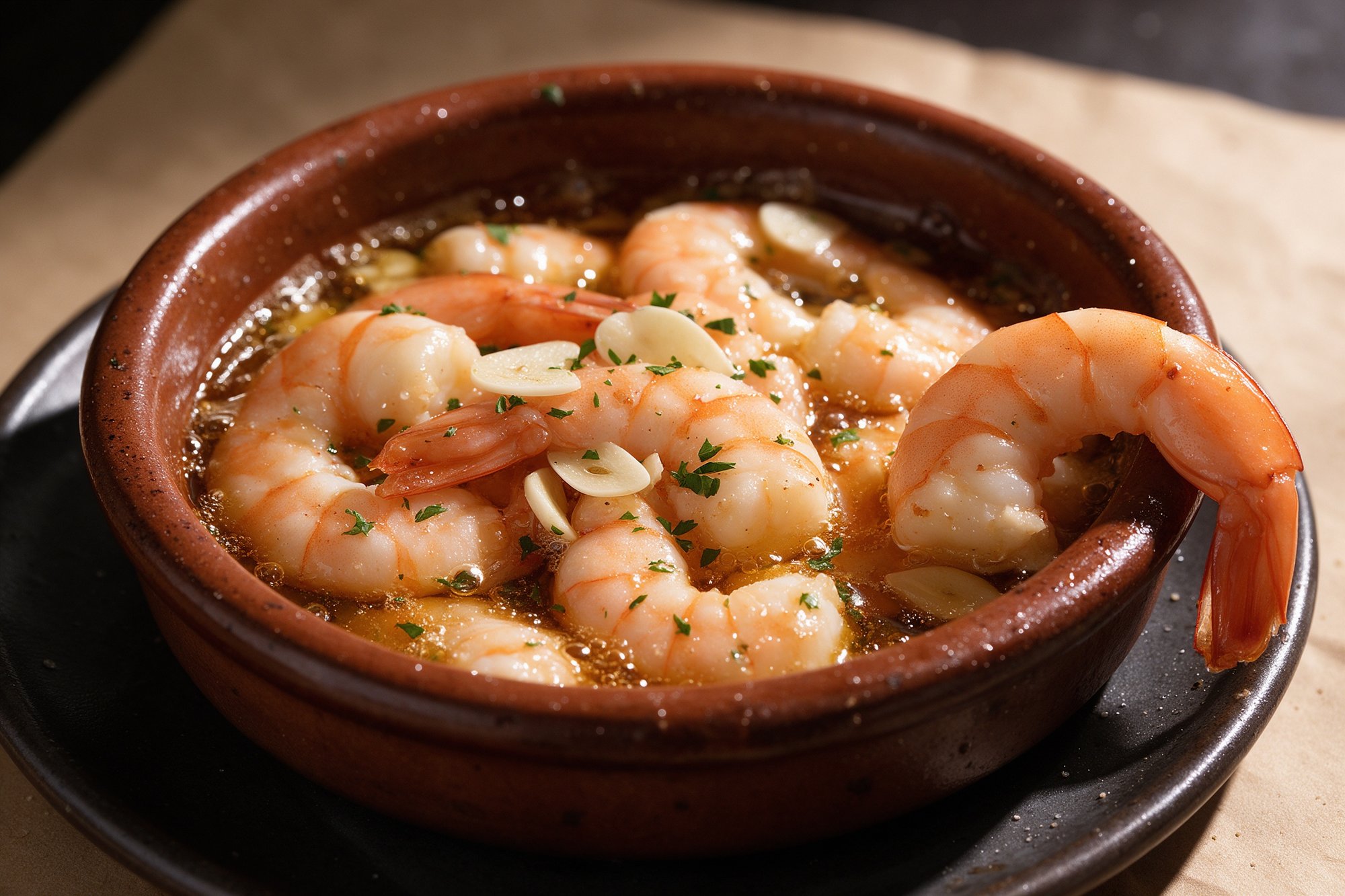 Gambas al ajillo en cazuela de barro con aceite de chile dorado, ajos y perejil