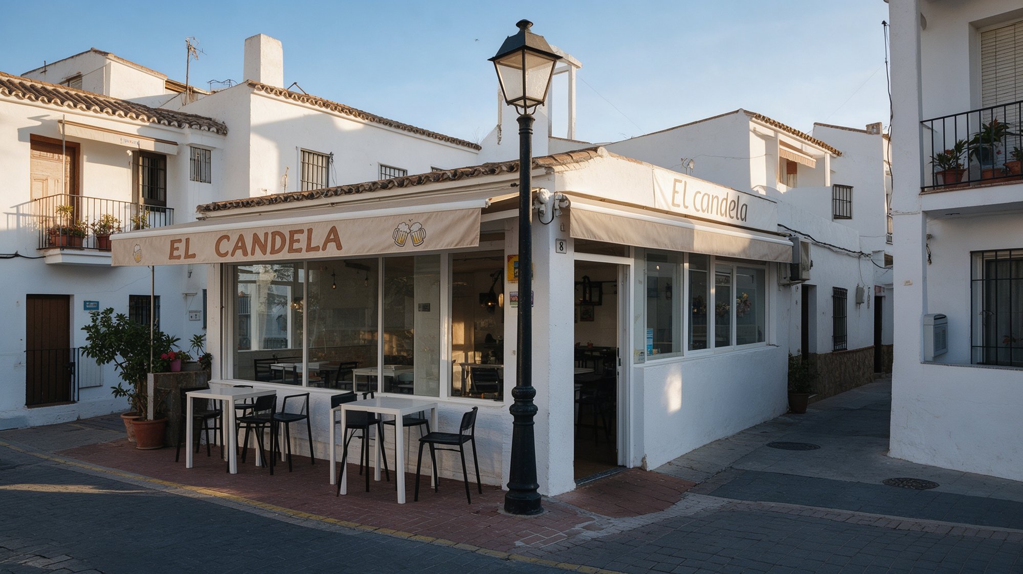 Fachada de tasca de barrio andaluza con toldo beige rotulado EL CANDELA, mesa altas en la acera, farol de calle y fachadas blancas del pueblo